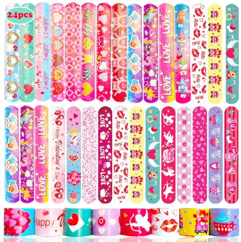 Seamart Schnapparmband Kinder, 24Pcs Valentinstag Klatscharmband, Schnapparmbänder, Bunte Armbänder Slap Armband Snap Bracelets, Mitgebsel Kindergeburtstag Gastgeschenke für Jungen Mädchen