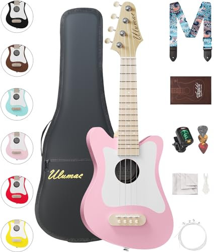 Ulumac Sopran-Ukulele, stilvolle Form mit weißem Schlagbrett, Fichte, 54,6 cm, Ukulele, Anfänger-Kit mit Gigbag, digitalem Stimmgerät, Saiten ersetzen, 3 Gitarrenplektren, Gurt, Stoff, Rosa, P005WPN