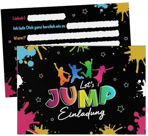 GEBETTER 12 Trampolin Einladungskarten zum Kindergeburtstag 14,8x10,5cm Geburtstag Jump Party Einladung für Mädchen und Jungen Geburtstagseinladungen Kinder Geburtstagsfeier Kinderparty