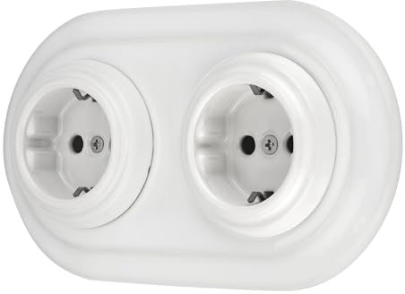 Unterputz Porzellan Retro Steckdose 2-fach, All-in-One, SET Serie PR1 weiß