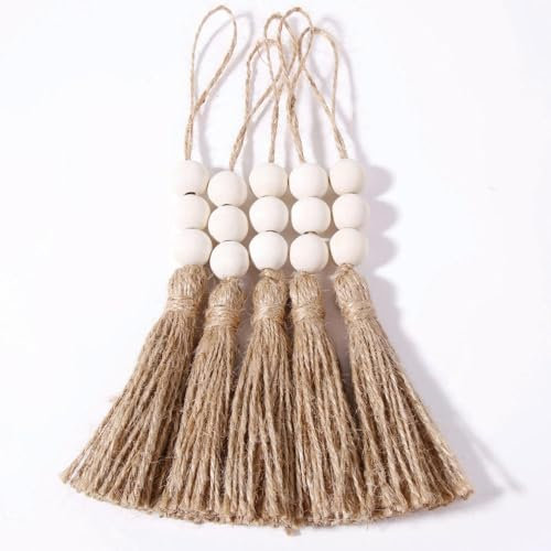 FUPOHUA Quasten, handgefertigt, 5 Stück, Juteseil-Quasten mit 3 Holzperlen, Hanf-Sackleinen-Quasten für Vorhänge, DIY-Basteln, Weihnachtsbaum, Heimparty
