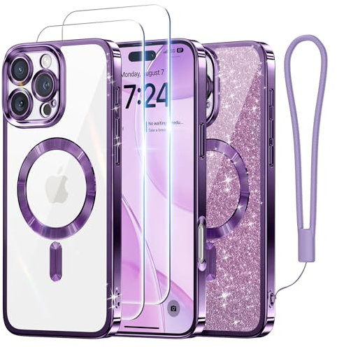 Meifigno Candy Series Case Designed for iPhone 16 Pro Max, [Compatible with MagSafe] [2X Screen Protectors] [Glitter Card & Wrist Strap] Full Camera Protection Designed for iPhone 16 Pro Max, Purple