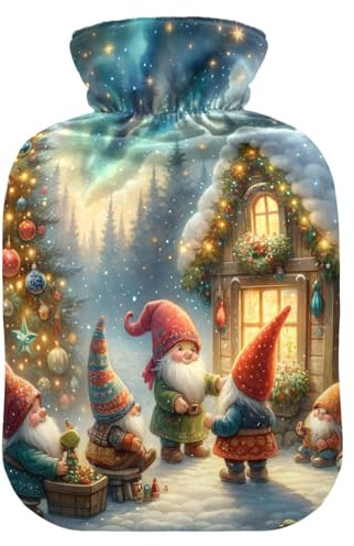 Gnomes Gathering Northern Lights Wärmflaschen mit Samtbezug, warme Wasser-Wärmeflaschen für Menstruationskrämpfe, Schmerzlinderung, 1 Liter
