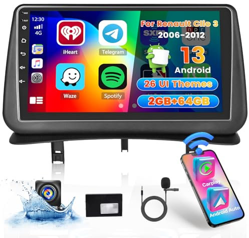 Hikity Autoradio per Renault Clio 3 2005-2014 2G+64G Android 15 Wireless Carplay Radio Stereo Auto con 26UI 9 Pollici Schermo Android Auto GPS WIFI EQ FM RDS MIC Telecamera Posteriore