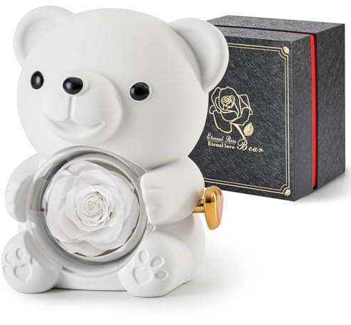 Ariceleo Orsacchiotto Romantico con Rosa Conservata - Scatola per Gioielli Nascosta e Collana a Forma di Cuore San Valentino, Festa della Mamma, Matrimoni Anniversari - Bianco