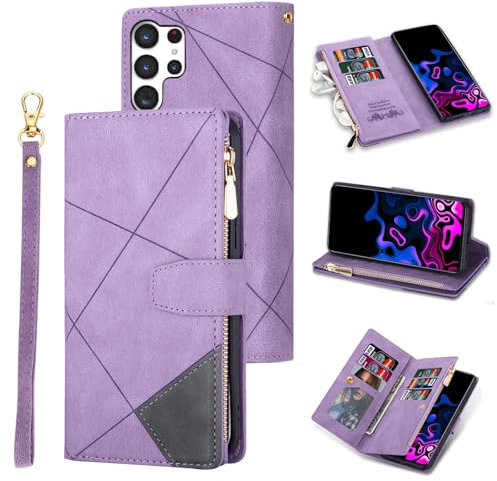 UEEBAI Case for Samsung Galaxy S25 Ultra 5G, Zip Mobile Phone Case, Leather Silicone Flip Case with 9 Card Slots, Stand Function, Wallet, Carrying Strap, Protective Wallet Case, Purple Diamond