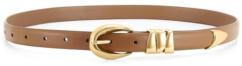 JasGood Damen Ledergürtel Mode Goldschnalle Schmaler Gürtel Damen für Jeans Hosen Kleider Damengürtel,Khaki,140cm