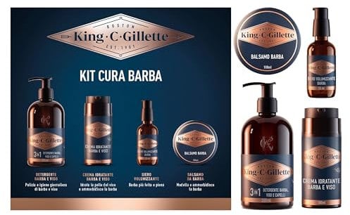 King C. Gillette Bartpflege-Set für Herren, täglicher Duft, 3-in-1-Reiniger für Bart und Gesicht 350 ml, Balsam 100 ml, Volumenserum 50 ml und Feuchtigkeitscreme 100 ml