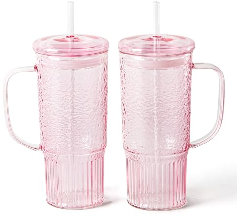 GOSCHE Glass Cups with Lids and Straws, 24oz Glass Tumbler with Straw and Lid, Iced Coffee Cups with Handle for Smoothie Juice Water Tea, Pink, 2 Pack