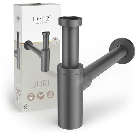 Lenz Design-Siphon JURI für alle gängigen Waschbecken – Typ 1 1/4 – Rohrlängen extralang und anpassbar – Mit Reinigungsöffnung & Geruchsverschluss – Anti-Fingerabdruck Oberfläche – Graphit – 46090031