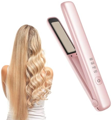 Fiotha Glätteisen Kabellos, 2 in 1 Mini Haarglätter Und Lockenstab mit USB-C Aufladung, Mini Glätteisen Kabellos, Tragbarer Kabelloser Haarglätter, Minis Reiseglätteisen für Kurzes & Langes Haar(Rosa)