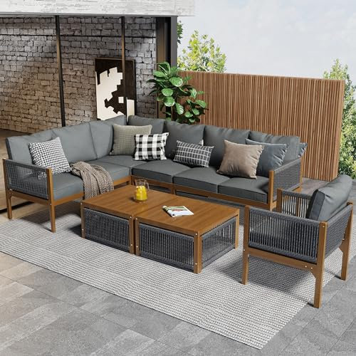 LANTRO JS Lounge Möbel Outdoor für 7 bis 8 Personen, Gartenmöbel Set mit Sofa, Tisch und Kissen, Gartenlounge Set mit Abnehmbarem und Waschbarer Stoffbezug, Möbelsets, Grau und Natur