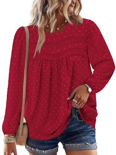 CHICZONE Long Sleeve Chiffon Blouses Shirts for Women Fall Tops Dressy Flowy Lace Hem Boho Clothing A Red