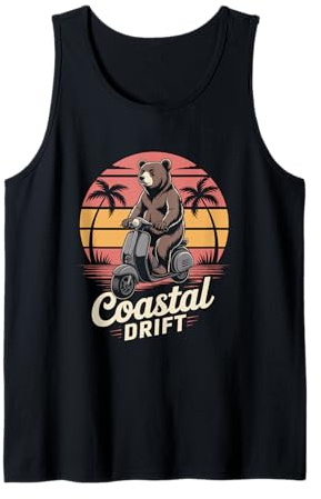 Bear On Scooter Sunset Coastal Palms Retro Summer Tank Top