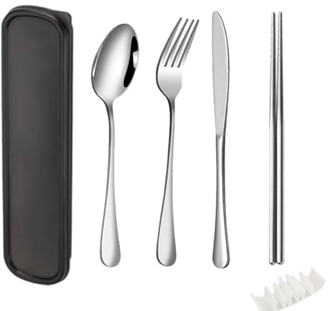 QZLSAYSL Camping Cutlery Metal，Travel Knife and Fork Set，7-Piece SetBlack | Travel Cutlery, picnic cutlery set for 1, Reusable Cutlery Box, for Work School Picnic Travel
