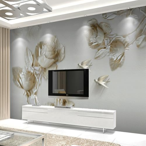 Vlies Fototapete Wandtapete Wandbilder 3D Goldenes Relief Rosen und Vögel 3833 (200(B) x 140(H) cm)