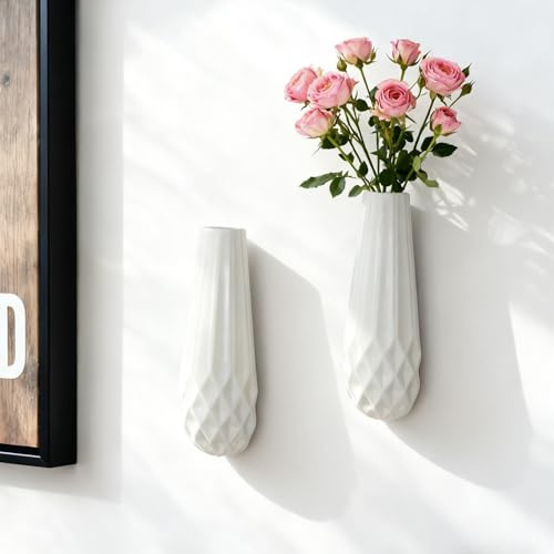 JIDOFUE Hängende Wandvase für Blumen und Pflanzen, 5.9 Zoll Keramische Wandvase für Sukkulenten, Weiße Dekovase für Wände im Wohnzimmer