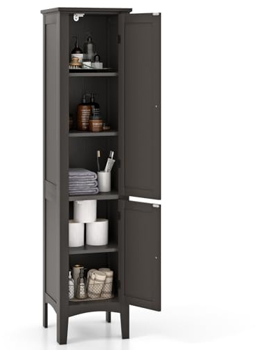 LIFEZEAL Meuble Colonne Salle de Bain avec 2 Portes, Armoire Haute de Toilette 37x37x160 CM, Meuble de Rangement WC à 5 Niveaux en Bois, Capacité de Charge de 10 KG par Etagère (Café)