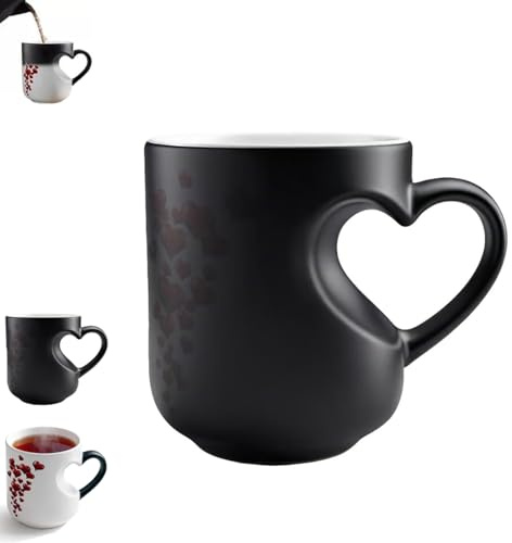 Heart-Shaped Color Changing Magic Ceramic Mug Funny Color Changing Coffee Cup with Handle that Reveals Surprise Design When Filled with Hot Beverage Romantic Gift for Couples (Black)