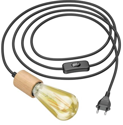 ledscom.de Textilkabel KIVO, schwarz, 3m, Echtholz E27 Fassung, Stecker, Schalter, inkl. LED Lampe, 3-Stufen-Dimmer, max. 814lm, extra warmweiß
