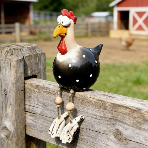 LYPPUL Keramik Huhn Gartendeko, Handarbeit Gartenstatue Dekorative Henne Gartenstecker, Gartendeko Huhn Deko, Hühner Gartenfigur Harz gartendekoration für Außen Balkon Garten Ostern(Schwarz)