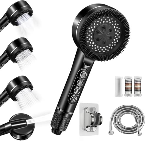Pommeau Douche Haute Pression,Pommeau De Douche Anti Calcaire,Filtre Shower Head avec Tuyau 1.5M et Support,4 Types de Jets Douchette Douche Salle de Bain avec Bouton D'arrêt D'eau,Noir