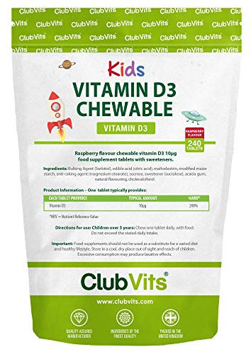 Kids Chewable Vitamin D - VIT D Supplement for Children - Raspberry Flavour One a Day Chewable Tablets - 240 Day Supply - Club Vits