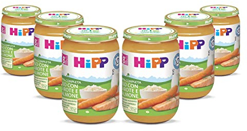 HiPP - Pappa Pronta Completa Bio, Riso con Carote e Salmone, 6 Confezioni da 220 g