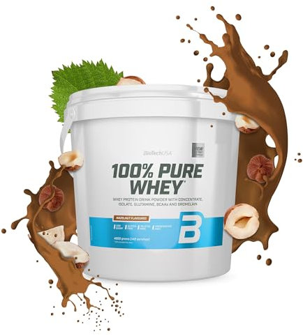 BioTechUSA 100% Pure Whey | Proteinpulver mit BCAA und Glutamin | Glutenfrei, Palmölfrei | 21g Protein pro Portion, 4 kg, Haselnuss
