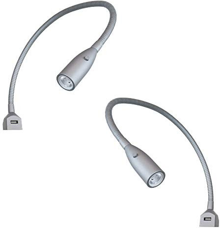 Flexible LED-Bettleuchte/LED-Leseleuchte mit integrierter USB Ladefunktion alu eloxiert/silbergrau (1er oder 2er Set alu eloxiert), Auswahl:2er Set silbergrau