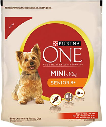 Purina One Mini, Senior 8+ Trockenfutter für ältere Hunde unter 10 kg kleine Größe, reich an Hühnchen mit Reis, 8 Packungen zu je 800 g