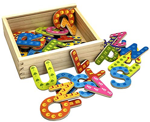 Holz Magnet Buchstaben oder Zahlen in Holzkiste mit magnetischen Holzbuchstaben oder Magnetzahlen in verschließbarer Kiste aus Holz, mit Anlautbildern zum Schreiben und Rechnen Lernen, ABC