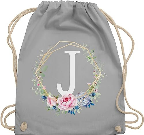 Turnbeutel Rucksack - Geschenk Initialen - Tasche - Blumenkranz mit Buchstabe J - Unisize - Hellgrau - sportbeutel baumwolle rucksaecke uni kordel kinder stoff baumwoll stoffbeutel kordelzug turnen