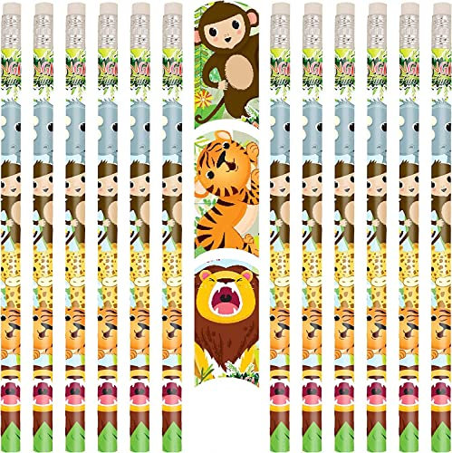 PartyPack 12x Dschungel Bleistifte mit Radierer, perfektes Mitgebsel, Ideal zum Schulanfang, Kinder Partygeschenke, Kindergeburtstag Gastgeschenke, Dschungel Party.