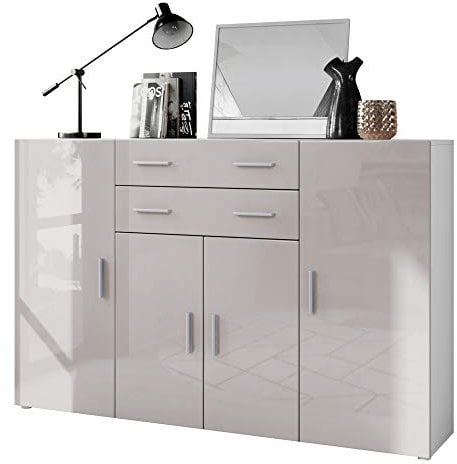 Vladon Highboard Aron Anrichte mit 2 Schubladen und 4 Türen mit insgesamt 8 Fächer dahinter, Weiß matt/Sandgrau Hochglanz (166,5 x 106,5 x 35 cm)