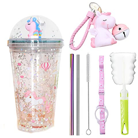 Unicorn Travel Mug with Straw Blue Drinking Cup with Strap Purple Unicon Party Tumbler Ice Tollde Cup for Picnic Party Birthday (bunny unicorn, 430 ml)