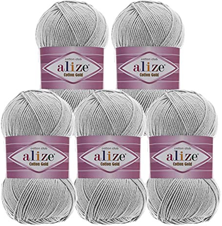 5 x 100g Strickgarn Alize Cotton Gold Uni Klassikgarn Häkelgarn Strick-Wolle Farbwahl, Farbe:533 grauweiß