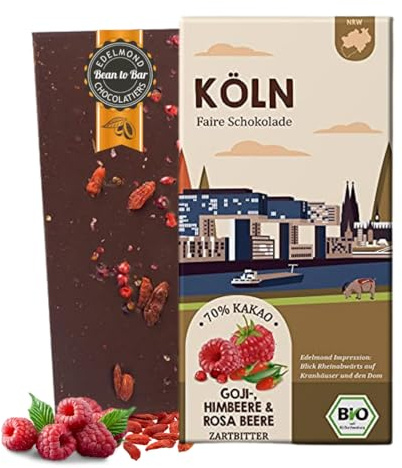 KÖLN – 75 g Bio Fair Trade Zartbitterschokolade mit Goji Himbeere & Rosa Beere | Geschenk aus Köln | vegane Stadt-Schokolade | nachhaltig & plastikfrei