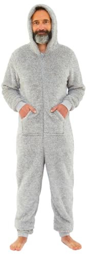 Just Essentials Mens Boys Fleece Onesies Gowns Robes Hooded Jumpsuit UK Seller - Light Grey Onesie - XX-Large