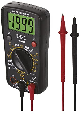 EMOS Digital-Multimeter CATIII 300V mit Meßspitzen, 2000 Counts AC/DC Spannungsprüfer, DC-Strom-Messgerät und Batterietester, Memory-Funktion, prüft Kontinuität, Widerstand, Dioden, inkl. Batterie, Schwarz