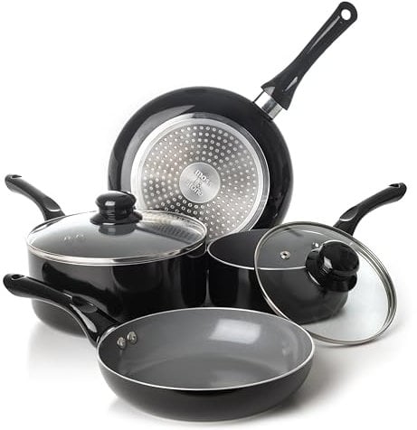 Moss & Stone 6 Piece Black Nonstick Cookware Set, Pots and Pans Set Non Stick with Glass Lid, Induction Cookware, Stay Cool Handle, PTFE/PFOA, Kitchen Cookware 6-Piece with Frying Pans Set & Saucepan