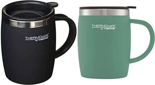 ThermoCafé by Thermos 105102 Desk Mug, Stainless Steel/Plastic, Soft Touch Black, 14 x 9 x 12 cm & Thermos 170946 Desk Mug, Duck Egg, 450 ml, 1 Count (Pack of 1)