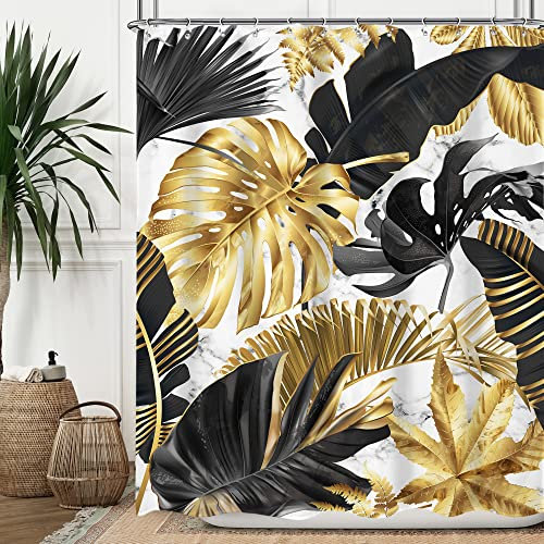 Omifly Tenda da doccia con palma tropicale, 152 x 182 cm di altezza, foglie di banano, colore nero e oro, monstera, marmo bianco, giungla, pianta della foresta pluviale, con 12 ganci in plastica,