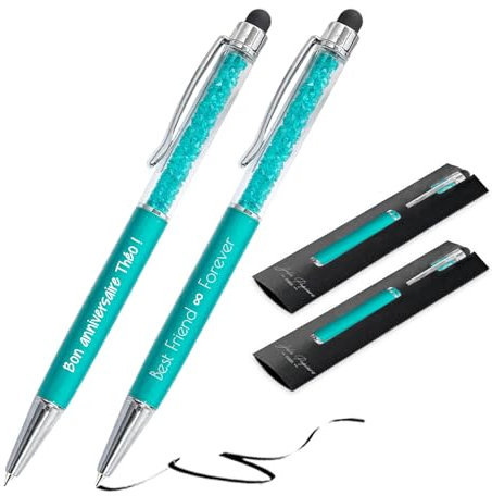 Jolis Papiers – Lot de 2 Stylo bille personnalisé avec gravure texte ou logo – Cristaux intégrés – Stylet tactile – Cadeau entreprise, événements, publicité – Marque française – Étui offert