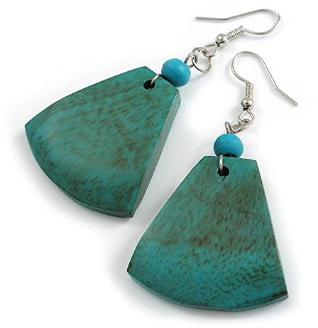 55mm Long/Teal Painted Wood Fan Shape Drop Earrings