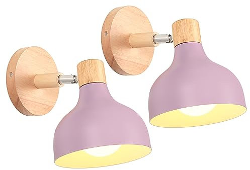 iDEGU 2 Stücke Wandlampen Retro E27 Wandleuchte Moderne aus Holz Metall im Skandinavischen Stil Lampenschirm Tropfenförmig Verstellbare Wandspot Vintage Lampe für Schlafzimmer Wohnzimmer (Lila)