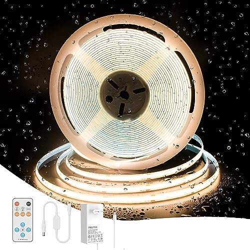 PAUTIX COB LED Streifen Ip65 Wasserdicht 2700K Warmweiss 10M,24V 480LEDs/M Dimmbar CRI93+Flexibel LED Strip lights Set mit RF Fernbedienung und GS Netzteil für Home DIY Dekoration,Timerfunktion