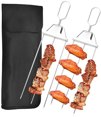 3 Way Kebab Skewers Stainless Steel - 2PCS 3 Prong Metal Grill Skewers for BBQ Grilling - Sliding Push Bar for Easy Meat and Vegetable Kabobs BBQ Accessories for Grill