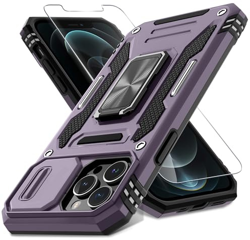 DEERLAMN Case for iPhone 13 Pro Max with Slide Camera Cover+Screen Protector(1 Pack),Rotated Ring Kickstand Military Grade Shockproof Protective Cover 6.7 Inch-Deep Purple