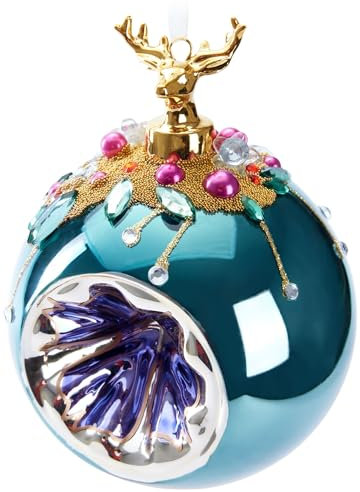 BRUBAKER Premium Weihnachtskugel Blau mit Hirsch Figur - 10 cm Christbaumschmuck mit Perlen Dekorationen - Von Hand dekorierte Baumkugel aus Glas - Weihnachtsdeko Christbaumkugel